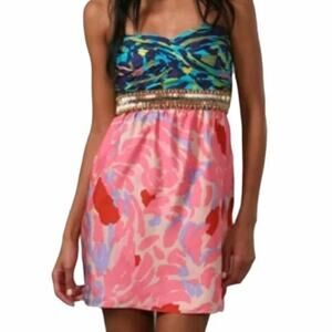 Tibi Womens 100% Silk Printed Beaded Mini Dress Size 6